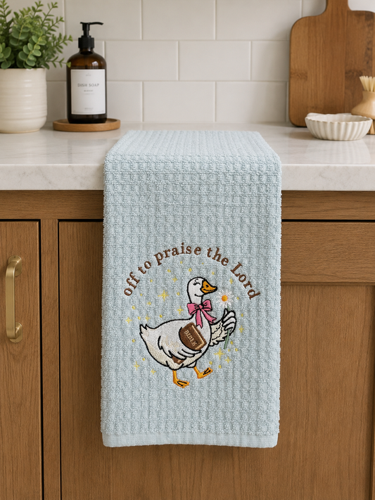 Off to Praise the Lord Goose Dish Towel