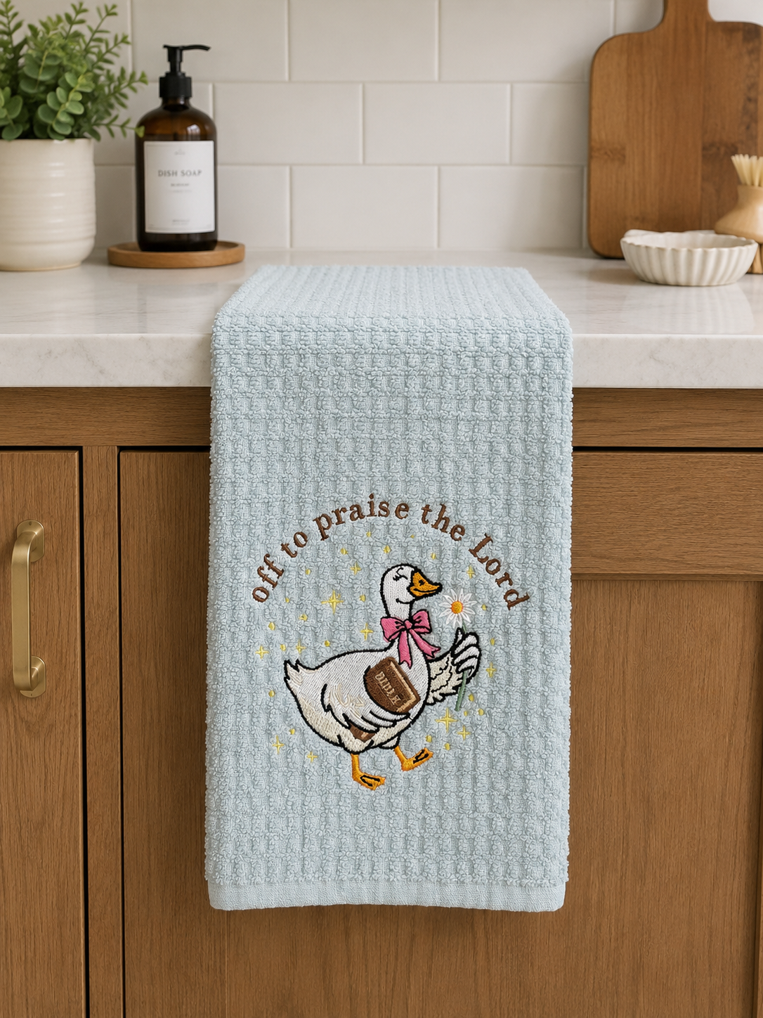 Off to Praise the Lord Goose Dish Towel